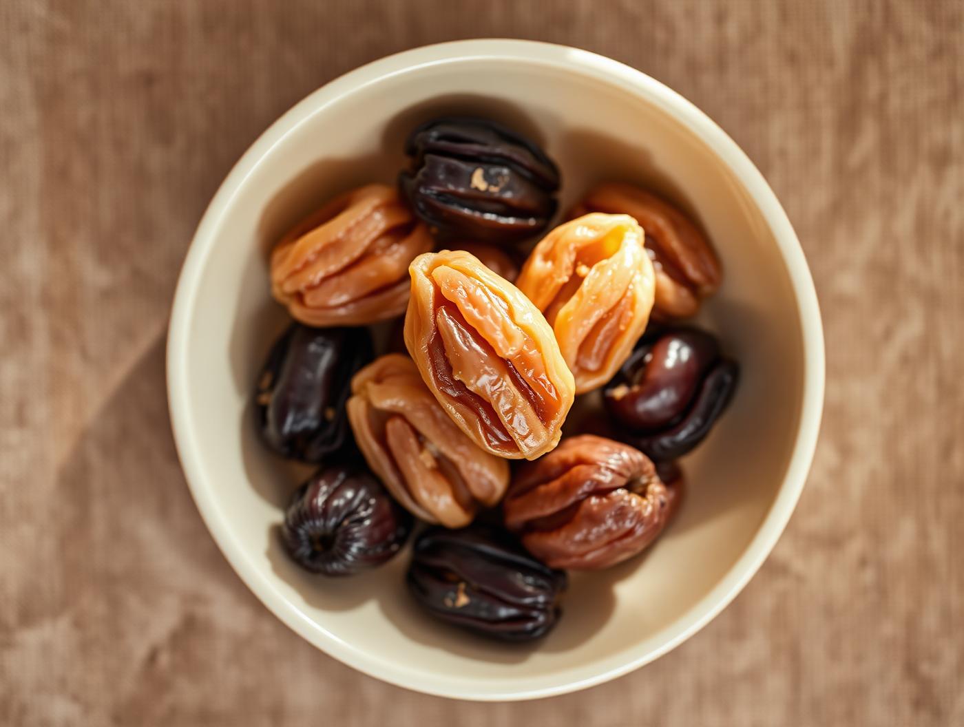 Assorted heirloom dates in a minimalist ceramic bowl
