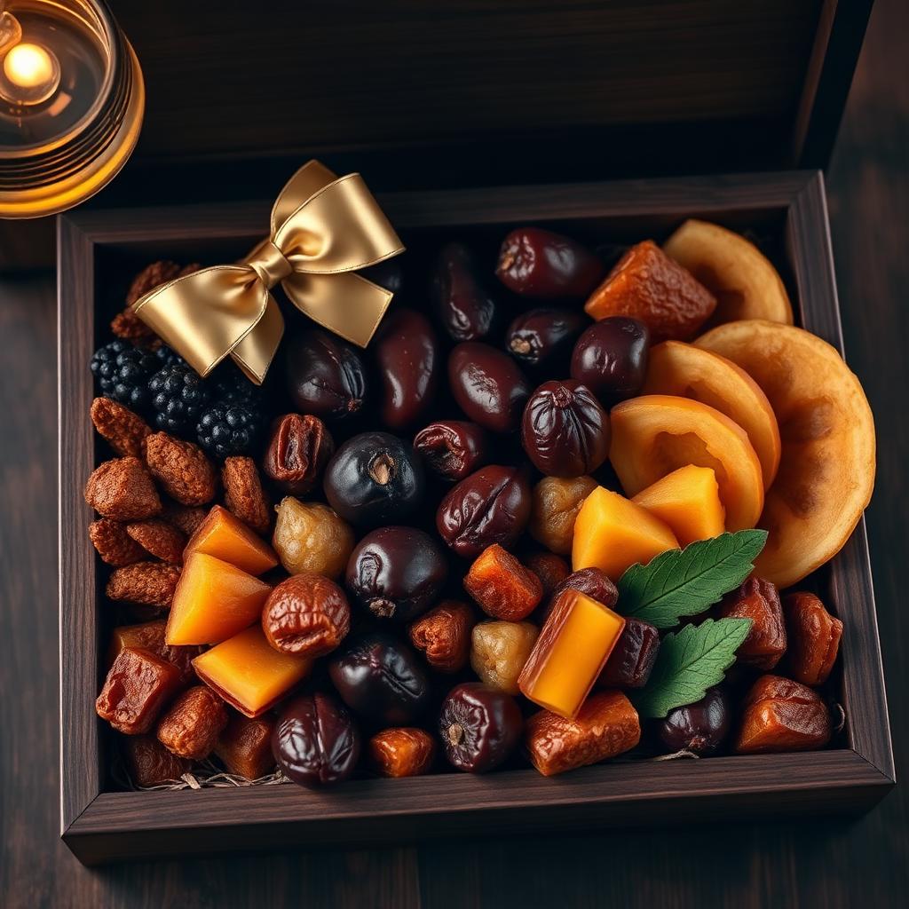 Assorted dried fruits and dates in a dark wood box