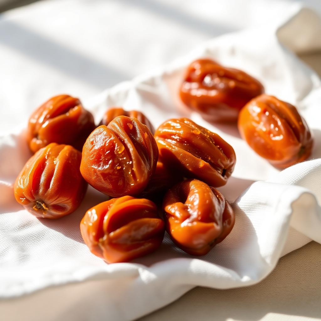 Glistening Sukkari dates on white linen